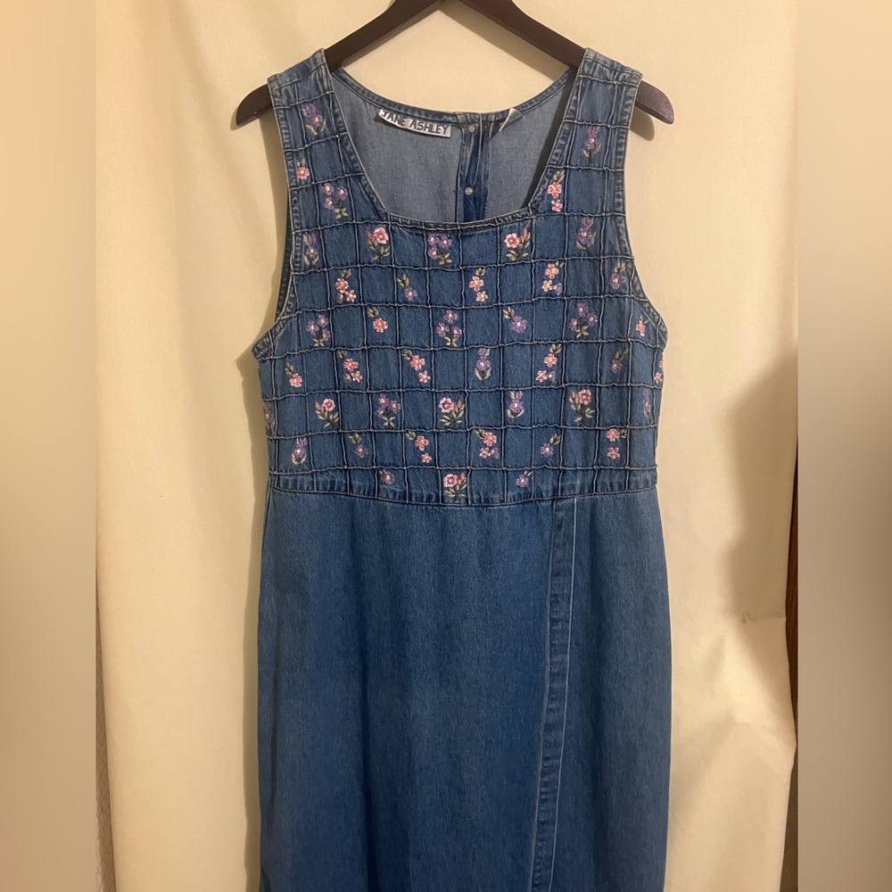 Jane Ashley Blue Denim Dress with Pink Floral Embroidery